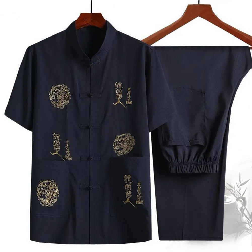 

Men Chinese-style Suit Retro Chinese Tang Suit Set for Mid-aged Men Stand Collar Shirt Embroidered Top Wide Leg Pants Stand-up