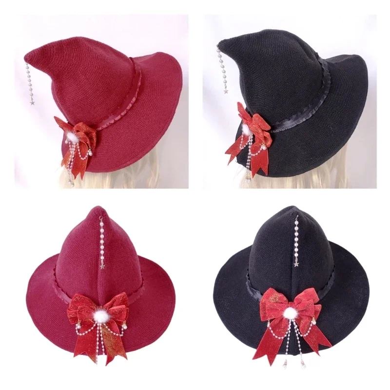 

Halloween Witch Hat for Women with Tassels Bowknot Y2K Lolitas Party Props Hat Female Wizard Hat Cosplay Costume Hat