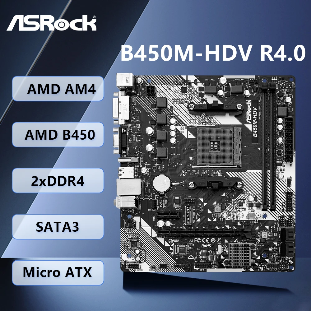 ASROCK B450M-HDV R4.0 AMD B450 Motherboard AM4 Support Ryzen 5