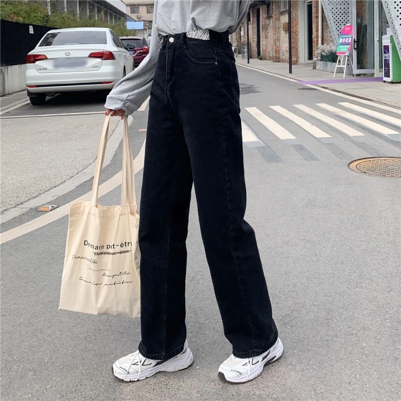 Spring Autumn Women's Fashion Jeans Casual Pants Female Streetwear Denim Trousers Black High Waist Loose Student Jeans Girls baggy jeans