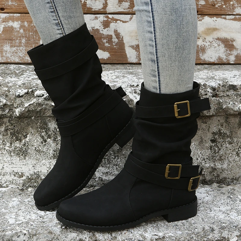 Women's Boots 2023 New Fashion Buckle Square Heel Middle Heel Calf Boots Autumn and Winter Outdoor Casual Botas De Mujer Women