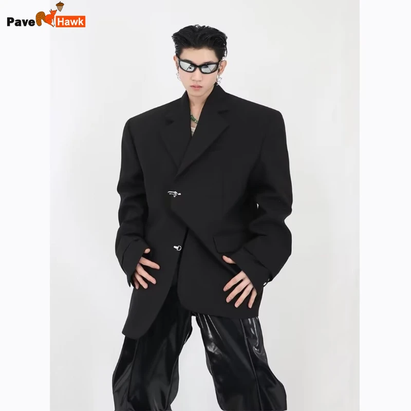 

Куртка мужская оверсайз с V-образным вырезом, модный пиджак в стиле хип-хоп, Повседневная Верхняя одежда с широкими плечами и металлической пряжкой, весна 2024