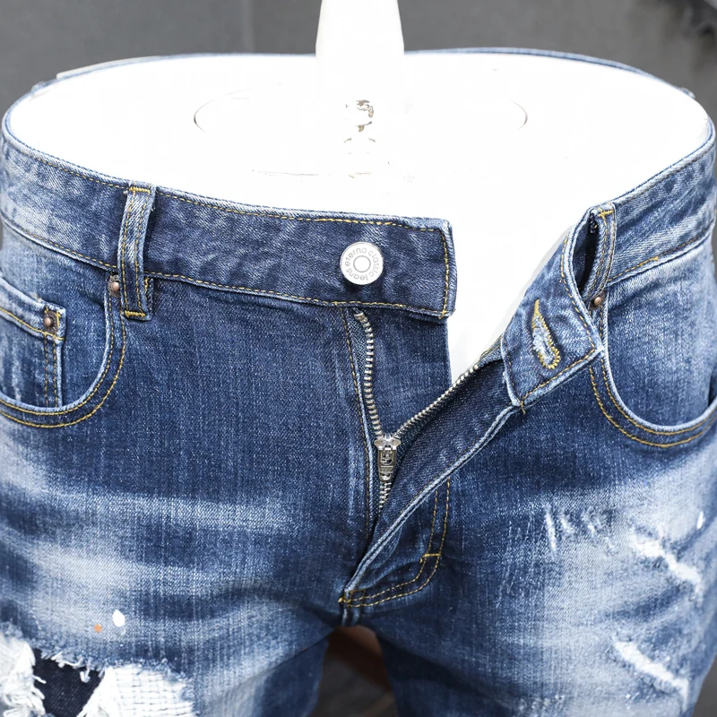 Street Fashion Men Jeans Retro Blue Elastic Stretch Skinny Fit Ripped Jeans Men Vintage Trousers Painted Designer Hip Hop Pants