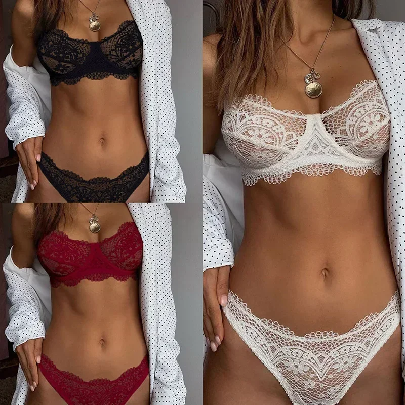 New Sexy Eyelash Lace Bra Set Ladies Bralette Push Up Lingerie Bras Briefs Set Women Deep V Cross Back Transparent 가터벨트