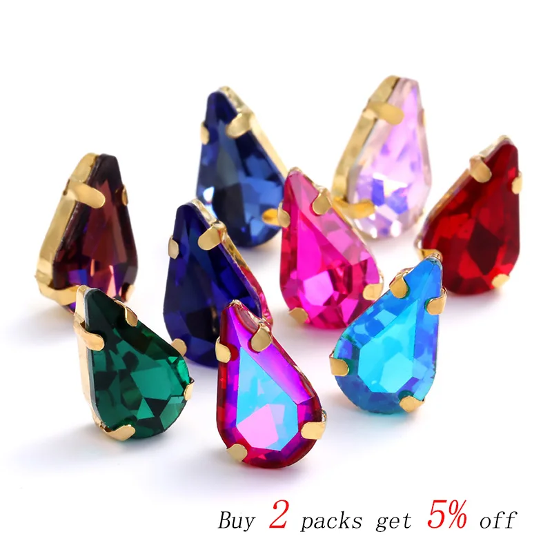 Teardrop Shape Glass Rhinestone With Golden Claw Sew On Crystal