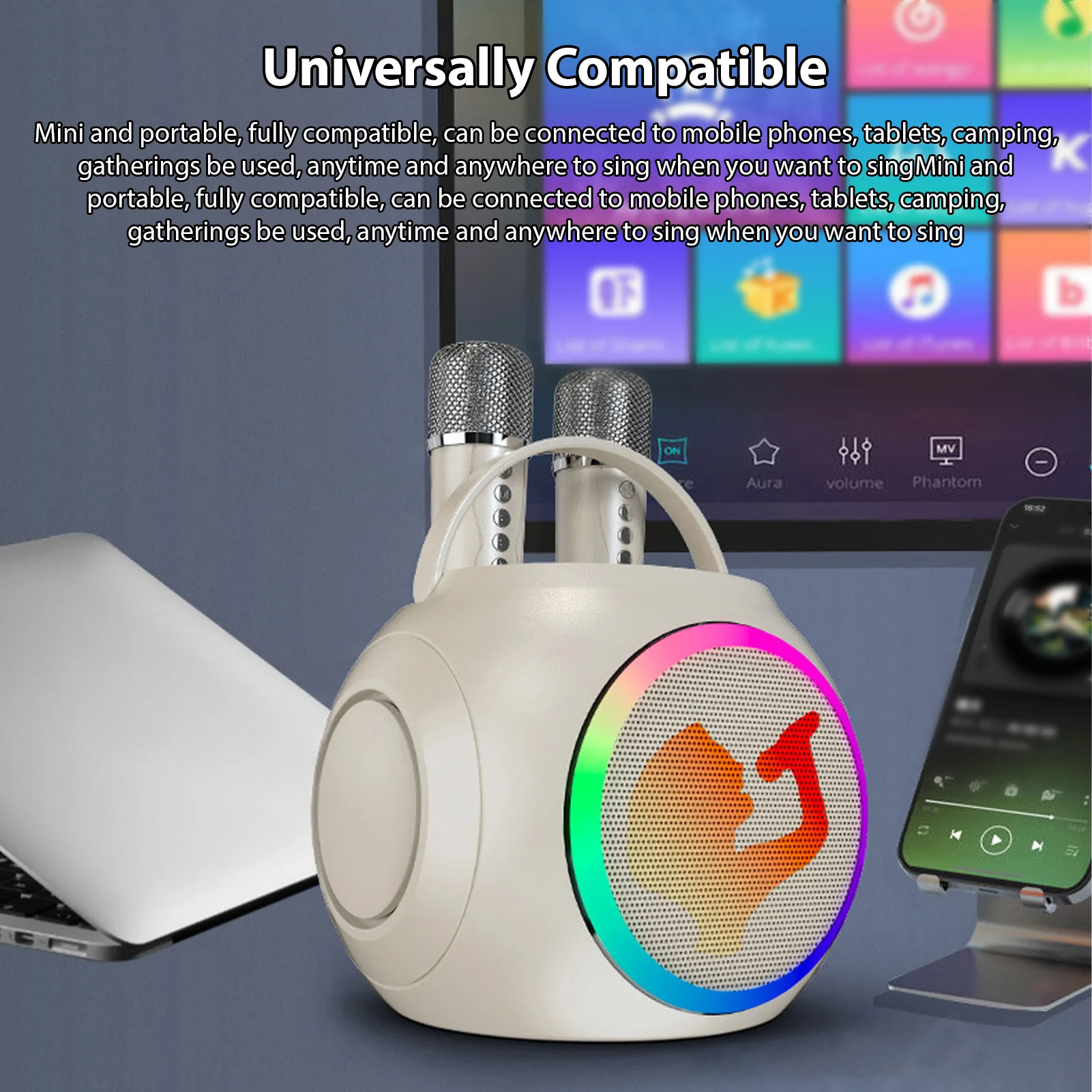 Karaoke Machine with 2 Microphones Wireless BT Microphone and Speaker KTV Set RGB Light Effects Handheld Mic Portable Karaoke