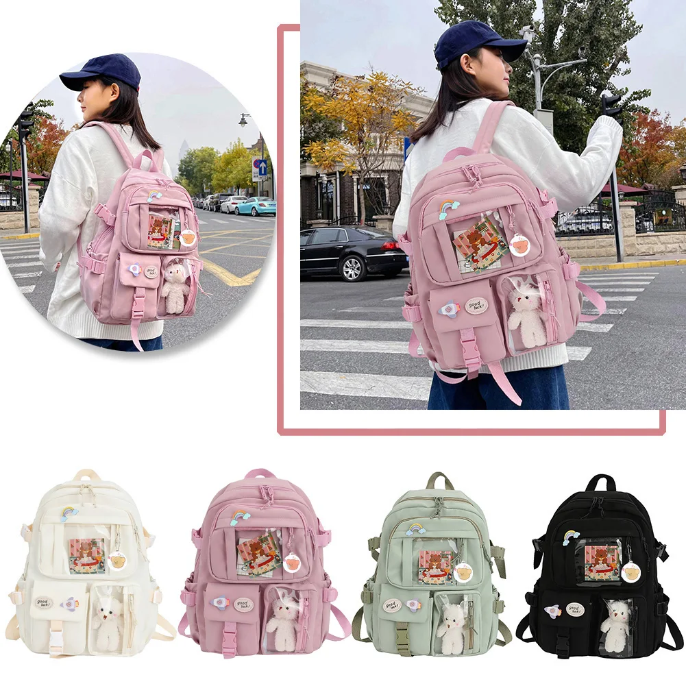 College Student Rucksack Fashion Casual Book Bags Nylon with Plush Pendant Pin Cute Large Capacity Japanese Style for Teen Girls