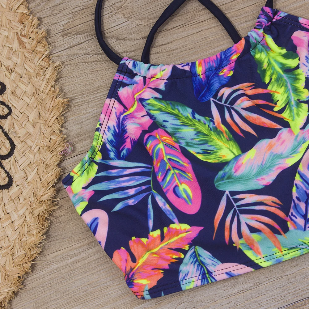 7-14 Years Girls Swimsuit Print Bandage Summer Beach Bikini Set