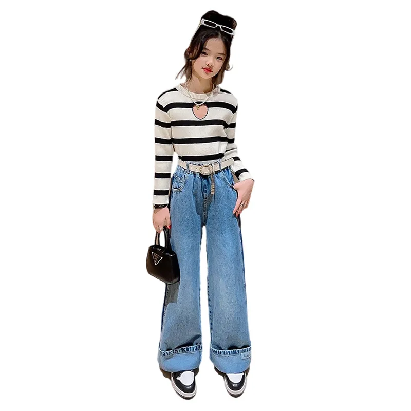 

autumn winter teen girl clothes set Striped sweater+wide leg jeans+belt 3pcs 12 vetement enfant fille kids suit children outfits