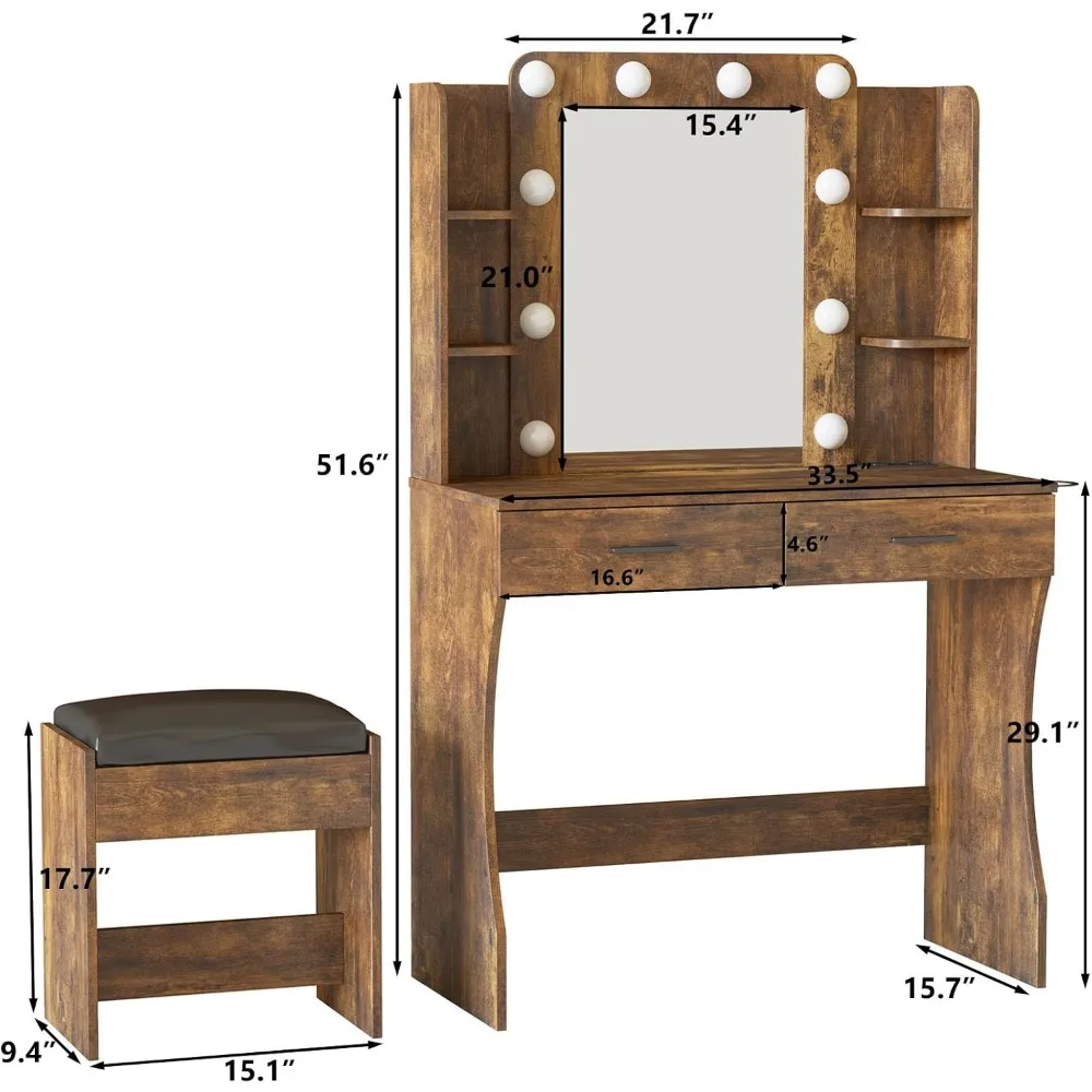 Vanity Desk with Lights,Makeup Vanity with Power Strip,Dressing Table Set with 2 Large Drawers,Vanity Mirror 3 Lighting Color Ad 2