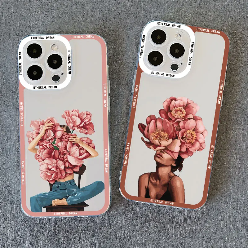 Ölgemälde Blumen mädchen klare Telefon hülle für iPhone 15 12 11 Pro Max 13 14 Pro Max 15 14 7 8 plus se2 xr xs x transparente Abdeckung – Detail 13