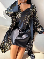 Ensemble pyjama pour femmes grande taille à imprimé floral cerise, robe de nuit sexy avec robe longue, ensemble de vêtements de détente deux pièces pour femmes 5