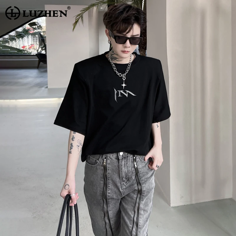 

LUZHEN Summer Solid Color Letter Print Pattern Design Short Sleeved T-shirts Original Korean Handsome Trendy Men's Tops LZ2178