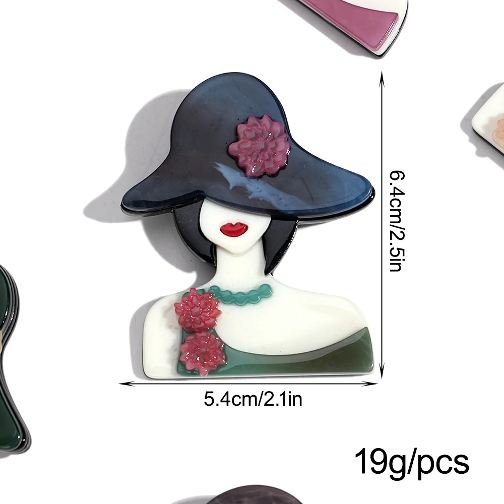 트렌디하고 우아한 꽃 모양 모자 레진 브로치 여성용 화려한 아크릴 소녀 피규어 배지 핀 쥬얼리 의류 액세서리 선물