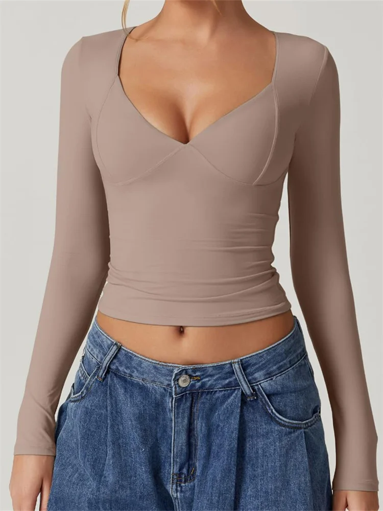 CHRONSTYLE Women V-neck Low Cut Solid Color T-Shirts Long Sleeve Slim Fit Round Neck Spring Fall Casual Tops Streetwear New