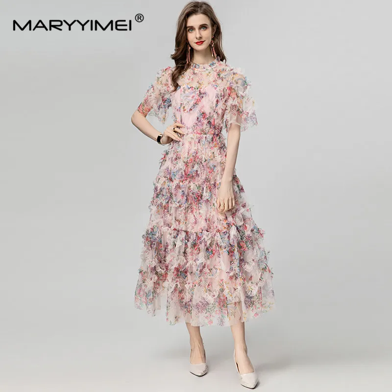 

MARYYIMEI Fashion Designer Summer Women's Stand Collar Flare Sleeve Print Flounced Edge Mesh Slim Pink Big Swing Dresses