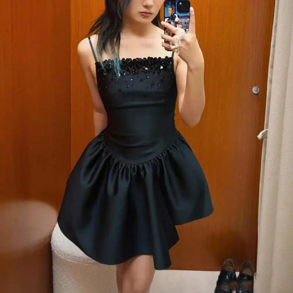 

Luxury Black Bubble Dress Strap Water Diamond Beading Sexy Party Evening Irregular Hem Dresses with Leggings Shorts 2024