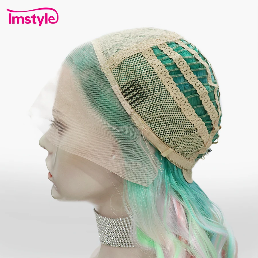 Imstyle Synthetic Lace Front Wig Multicolor Wigs Natural Wavy Heat Resistant Green Pink Mixed Ombre Wig Cosplay For Women