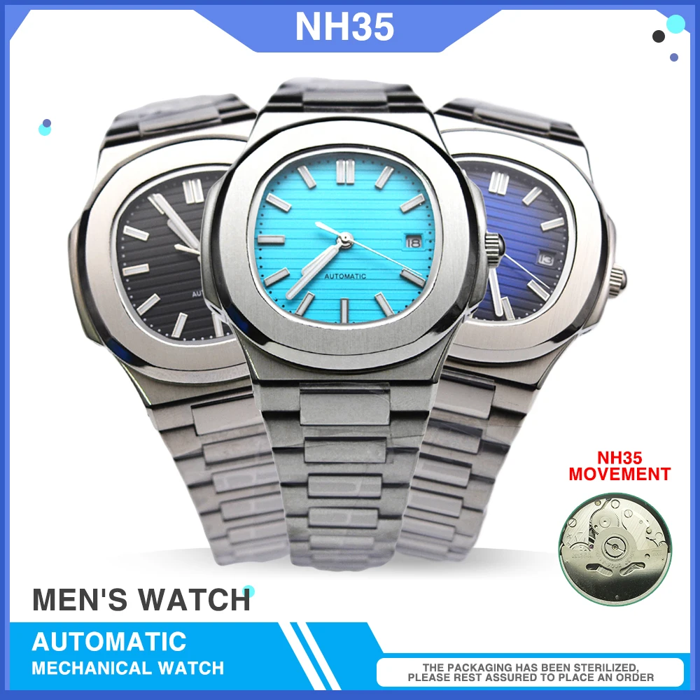 

6 Colors Luxury 40MM Square NH35 Movement Automatic Mechanical Men's Watch Sapphire Crystal Date Stainless Steel Strap Nautilus