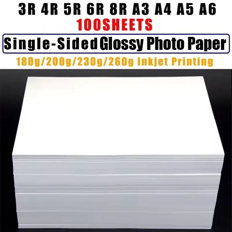 고광택 인화지 100pcs 3R 4R 5R 6R 8R A3 A4 A5 A6 인쇄 용지 잉크젯 프린터 180/200/230/260G 광택 단일 인화지