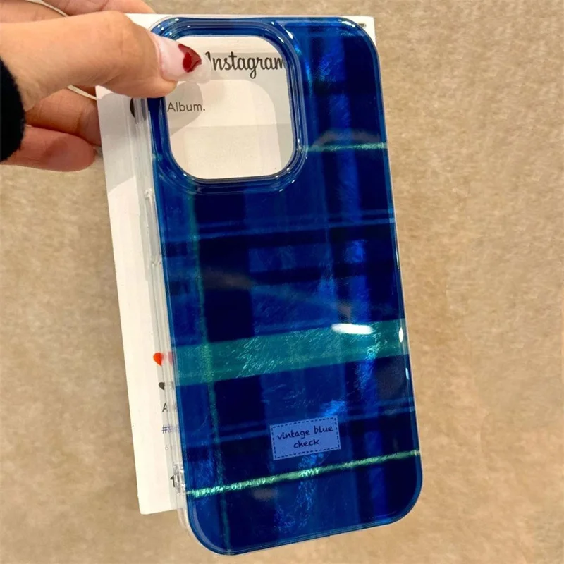Whirlpool Klein Blue Grid Phone Case with Plush Ball Chain Accessory