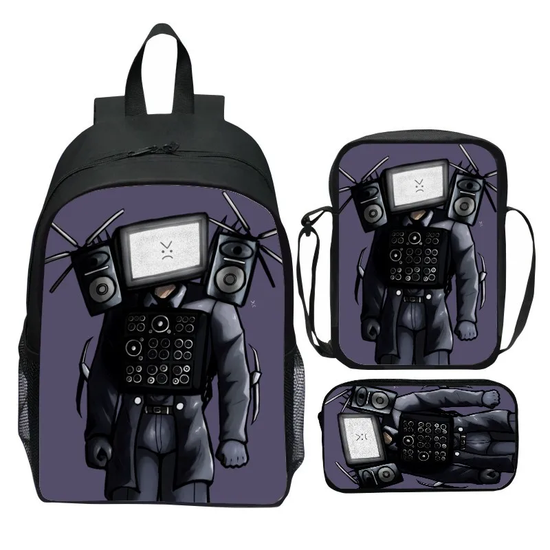 Zaino Skibidi Toilette 3 Pezzi: Zaino + Tracolla + Astuccio, Unisex, Stampa Cartone Animato, Per Scuola E Viaggi