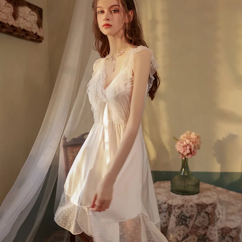 

Women's Sleepwear Female Satin Silk Nightgown Sexy Lace V-Neck Sling Nightdress Women Solid Color Soft Home Dress High Quality
