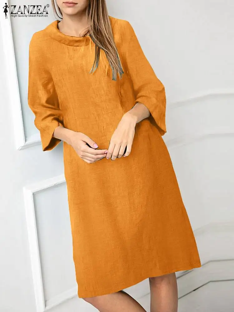 

ZANZEA Vintage Turndown Collar Vetidos Fashion Solid Knee-length Dress WomenPocket 3/4 Sleeve Robe Holiday Waisted A-line Dress