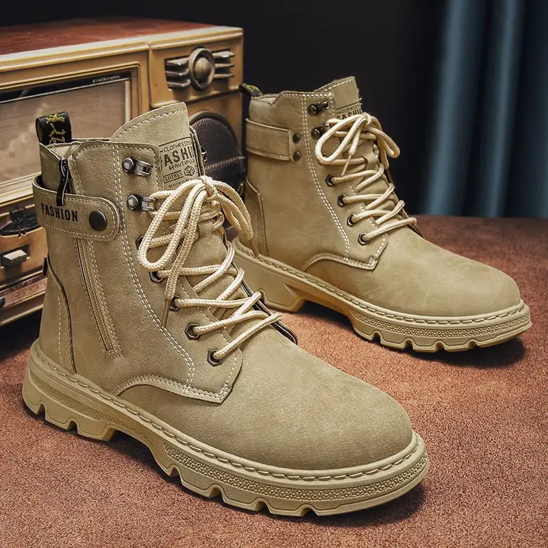 

Мужские ботинки с высоким берцем, черные кожаные мотоциклетные ботильоны в стиле милитари, на шнуровке, зимняя обувь, 2024