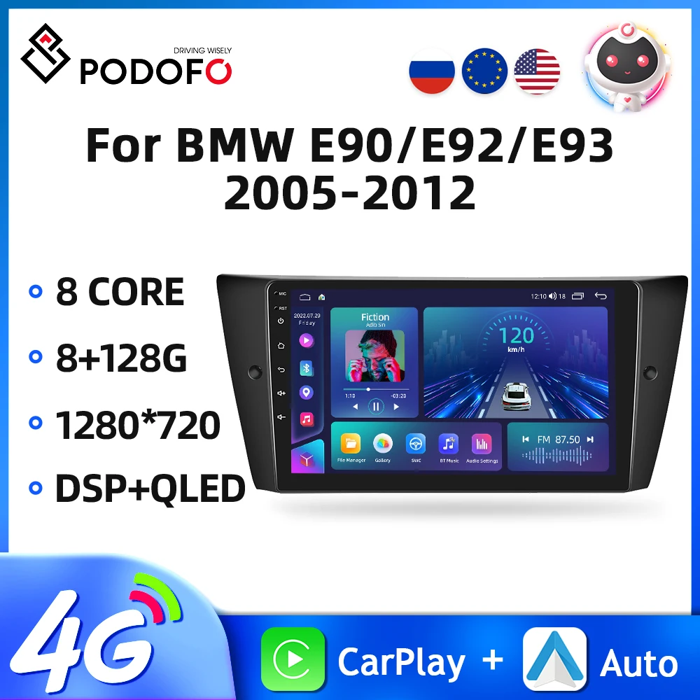 

Автомагнитола Podofo для BMW E90/E92/E93 2005-2012, мультимедийный видеоплеер с GPS-навигацией, 4G, Android, Авторадио 2DIN