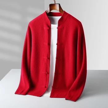 Maglieria in cashmere di lana merino al 100% Cardigan con bottoni da uomo di alta qualità con girocollo Nuovo maglione autunno inverno in stile cinese 1