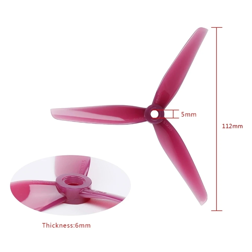 Hélices HQProp Ethix P3 5.1x3.0 3 pales polycarbonate en action sur un drone FPV, lot de 10 paires