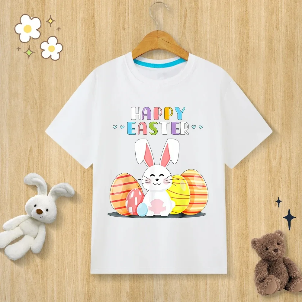 Children’s Pure Cotton T-shirt Happy Easter Bunny Egg Print T-shirt O-neck Short Sleeve Kids Clothes Boys Clothes Girls Clothes 2