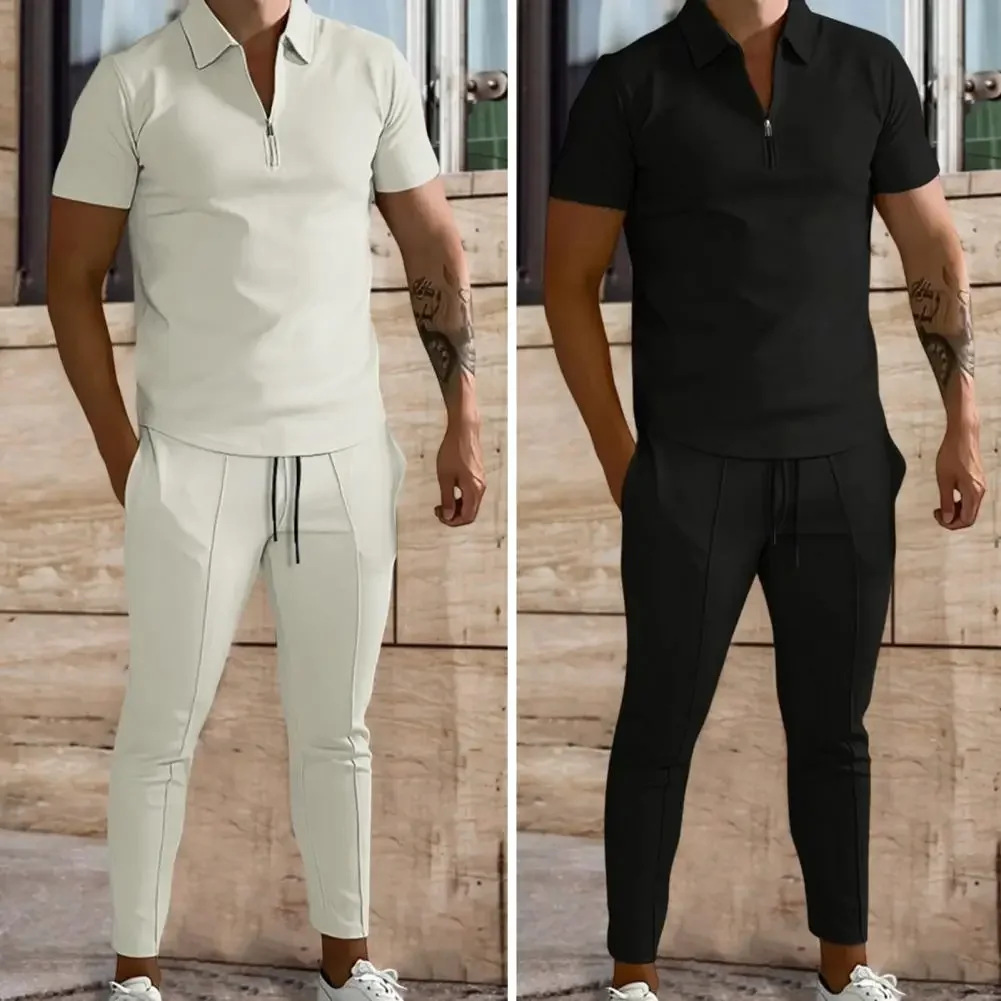 

2Pcs/Set Minimalistic Sportswear Suit Washable Casual Wearing Sweat Absorption Solid Color Men's Sports Suit