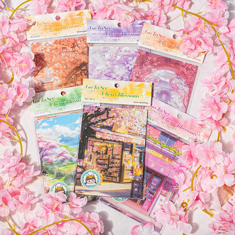10Pcs Cherry Blossom Viewing Series Scrapbooking Paper Material Perfect for Collage Journaling Diy Craft Handmade Supplies