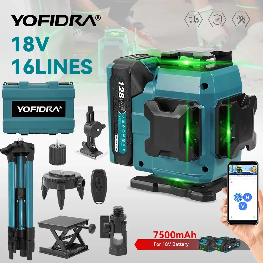 YOFIDRA 4D Laser Niveaugerät 16 Linien Ultrastarker Grüner Strahl 360 Selbstnivellierendes Horizontales Vertikales Werkzeug Für Makita 18V Batterie Pin