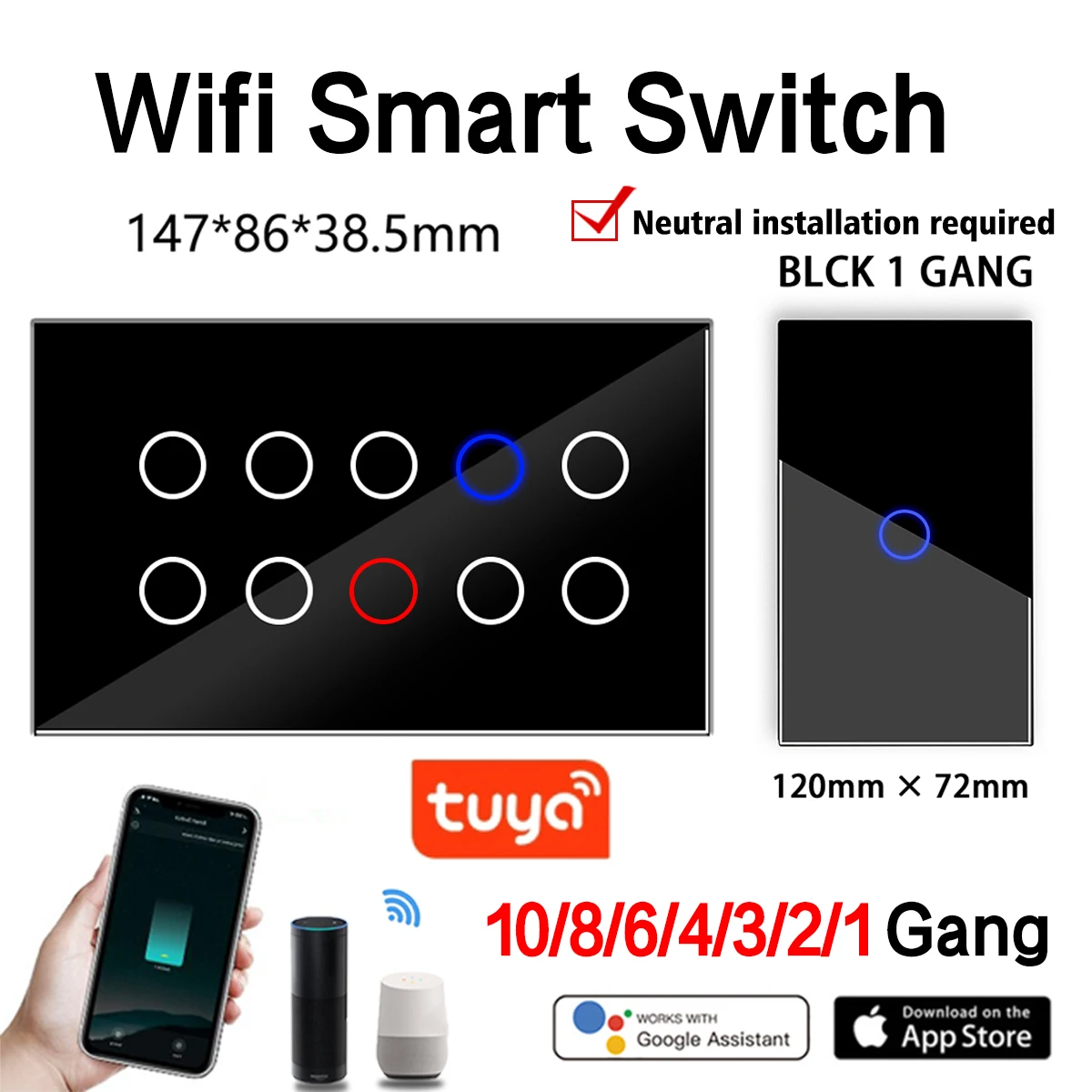 Tuya-Interruptor de Parede Inteligente Touch, Painel de Vidro, WiFi, 1-10Gang, Compatível com Alexa, Google Home