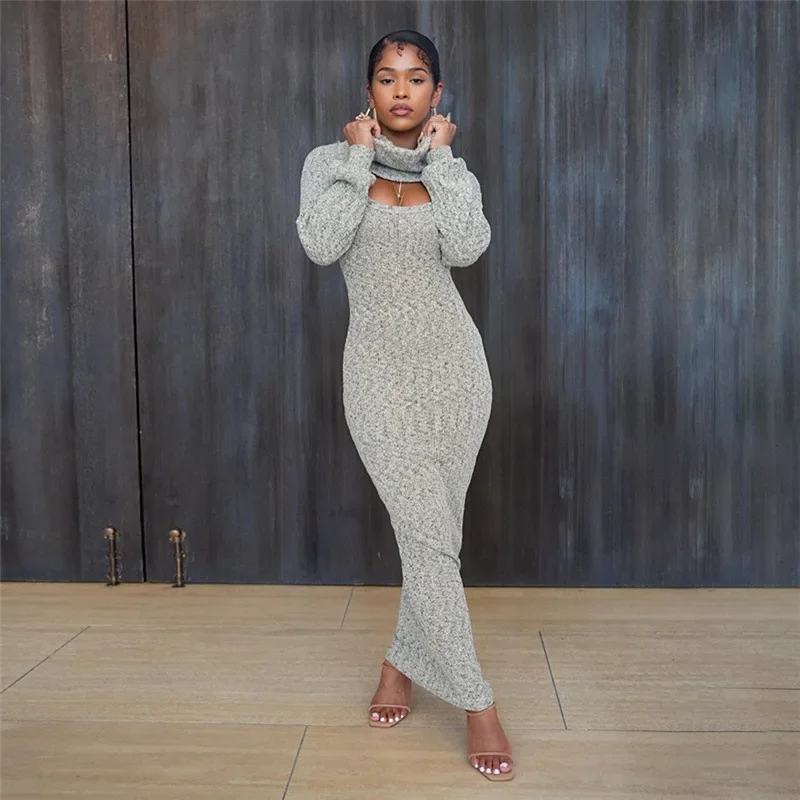 

Knit Casual Women 2 Piece Set Turtleneck Shawl Lantern Sleeves Top+Tank Dress Stretch Skinny Streetwear Bodycon Autumn Outfits