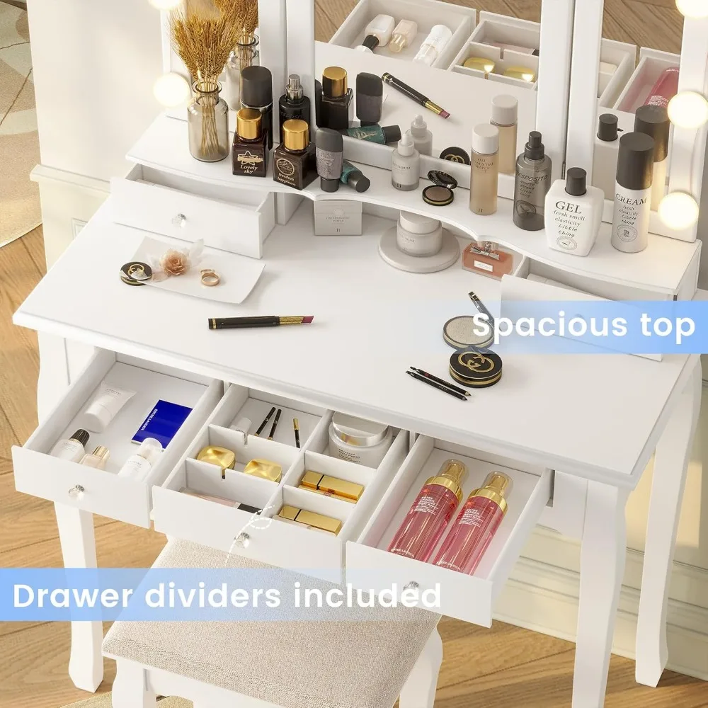 Makeup Vanity with Lights, Vanity Desk with Lighted Mirror and Stool, Vanity Table Set with Drawers, 3 Light Settings 3