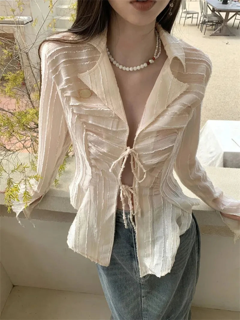

Shirts Women Elegant Office Ladies Bandage Spring Streetwear Vintage Holiday All-match Korean Style Daily Harajuku Aesthetic New