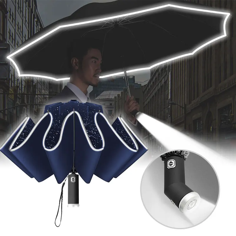 WindproofAutomaticUmbrellaWithLEDFlashlightReflectiveStripeReverseLightUmbrellasRain