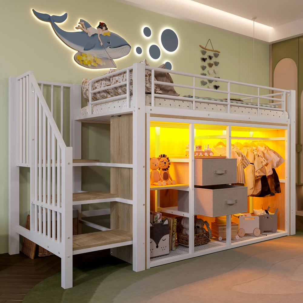 90 * 200 cm großes Etagenbett, mit 2 Schubladen und offenem Kleiderschrank, mehrfarbige LED-Beleuchtung, mehrere Ablagefächer (ohne Matratze) – Detail 26