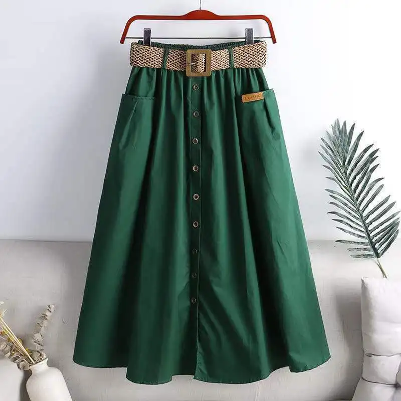 Elegant Fashion Summer New Elastic High Waist Denim Color Skirt Women Simple Casual Button Pocket Slit Large A-line Skirts 2024