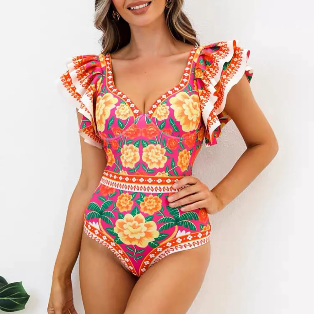 New Sexy One-piece Swimsuit High Waist Bikini  Women's Printed Swimsuit Wrap Skirt Set Swimwear Beachwear Cover Up