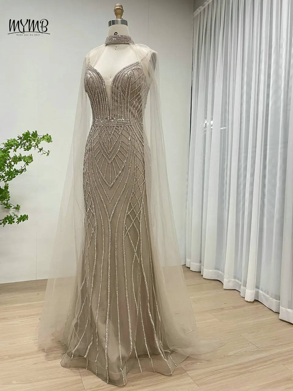 MYMB Champagner-V-Ausschnitt, Cape-Ärmel, 2-teiliges Set, Abendkleider für Damen, Party, atemberaubende Slip-Perlen-Kleider für Hochzeitsgäste MB40290 – Detail 8