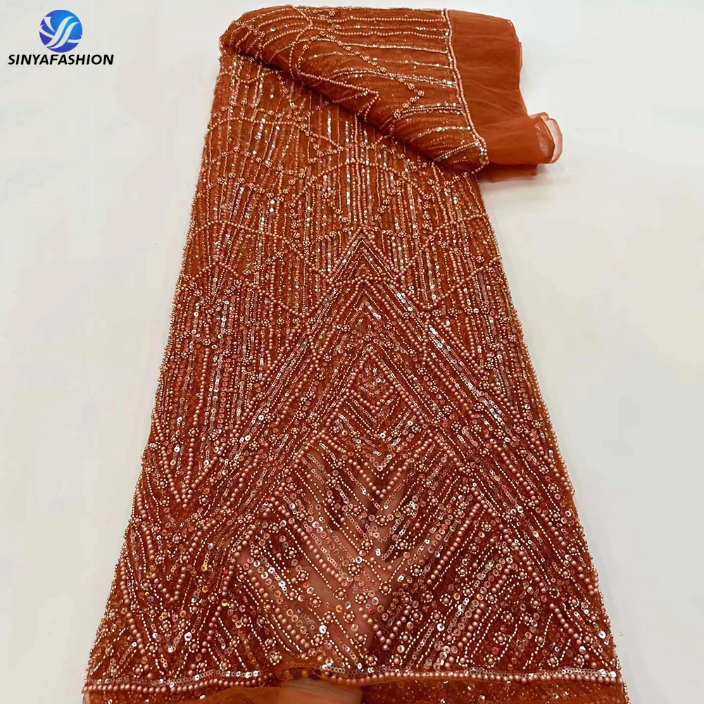 

5 ярдов, африканская роскошная кружевная ткань ручной работы с бусинами, тяжелые блестки, вышивка, французское Тюлевое Сетчатое кружево для свадебного платья