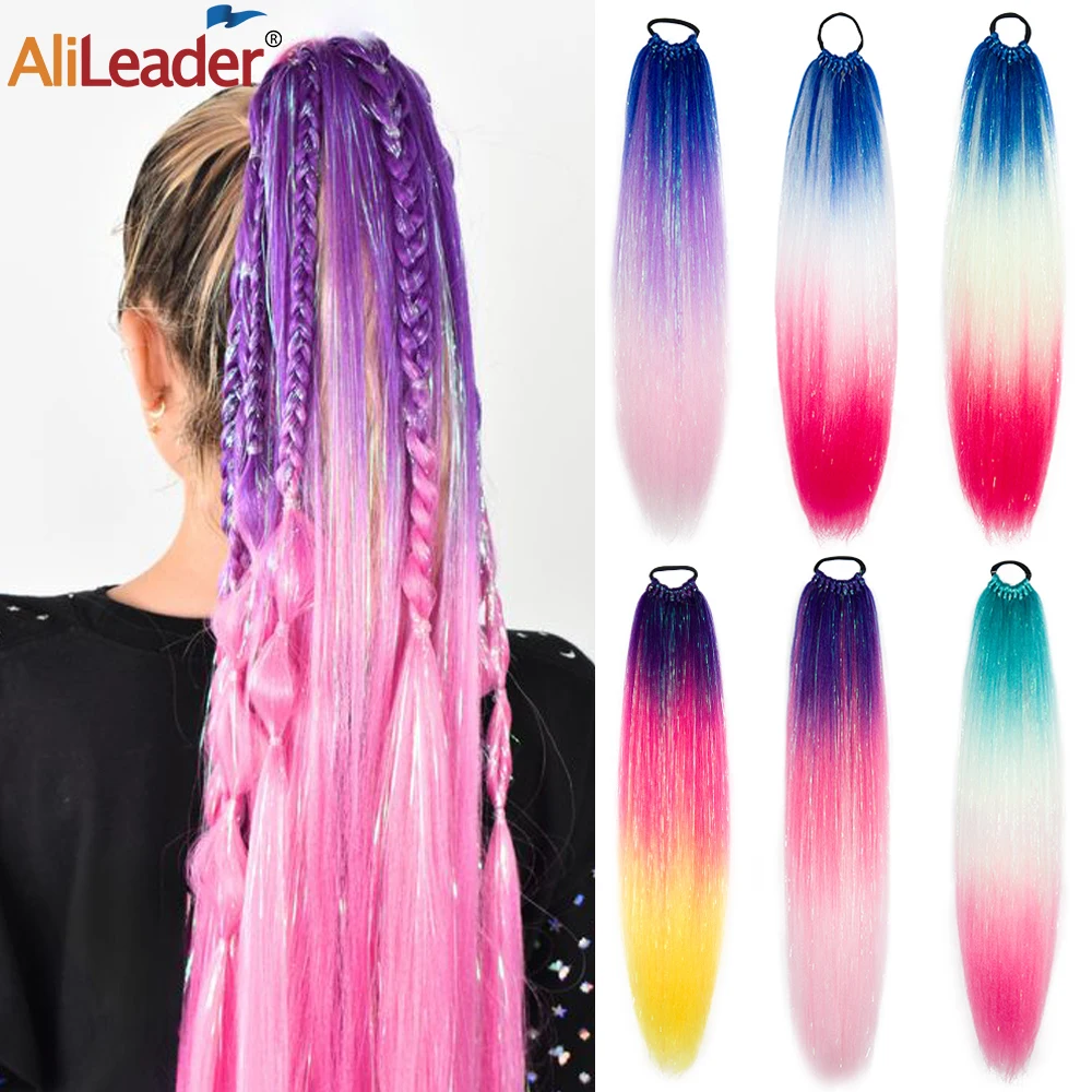 

Synthetic Ombre Braiding Hair Ponytail Colorful 3 Tone Glitter Ponytail Mixed Tinsel 24Inch For Women Girls Hair Accessories