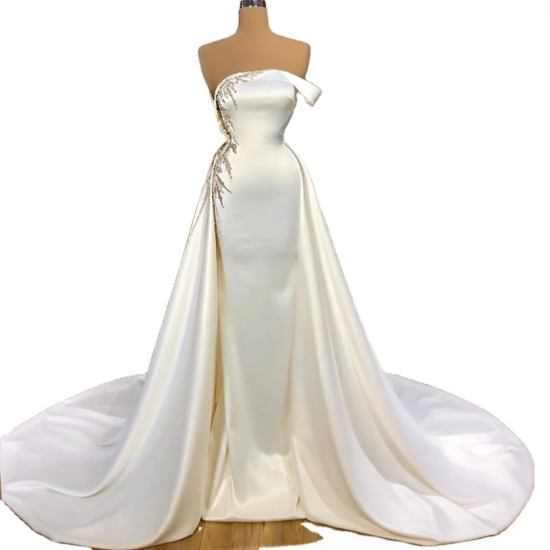 

Ivory Satin Mermaid Stylish Maxi Dresses 2022 Customized Best Price Off One Shoulder Women Elegant Party Wear Gowns