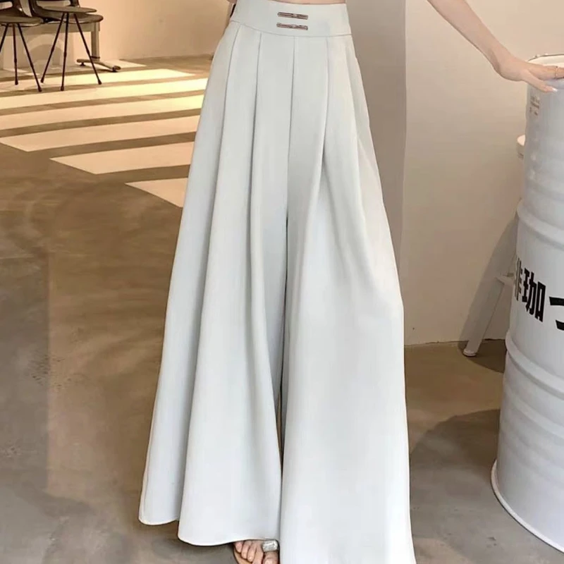 Summer New Solid Color Thin Ventilate Wide Leg Trousers Women High Street Casual Elastic Waist High Waist Pleated All-match Pant summer solid color high street elastic waist wide leg trousers women fashion casual loose pocket ventilate youth all match pants