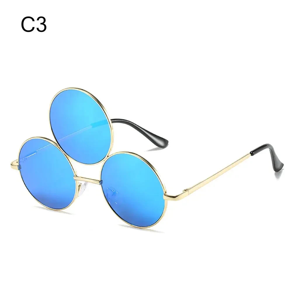 Tri-Lens Round Vintage Sunglasses with Metal Frame - Fashionable UV400 Protection Eyewear